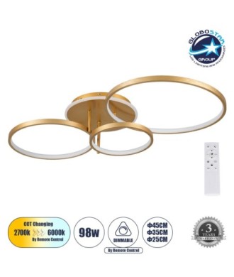 GLOBOSTAR® NEMESIS 61110 Μοντέρνο Φωτιστικό Οροφής LED 98W 11858lm 360° AC 220-240V IP20 Ρυθμιζόμενο Λευκό CCT με Χειριστήριο από 2700K έως 6000K Dimmable - Lumileds SMD Chip - Χρυσό Βούρτσας - Μ89 x Π60 x Υ19cm - 3 Χρόνια Εγγύηση